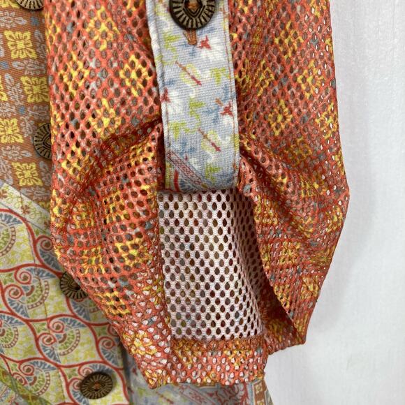 NWOT VINCENTE Tunic Patchwork Floral Multi Fishnet Sleeve Button Spandex Coral - Picture 3 of 12